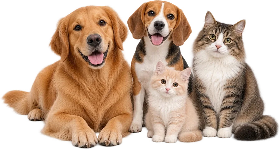 A golden retriever, a beagle, a kitten and a tabby cat sitting together